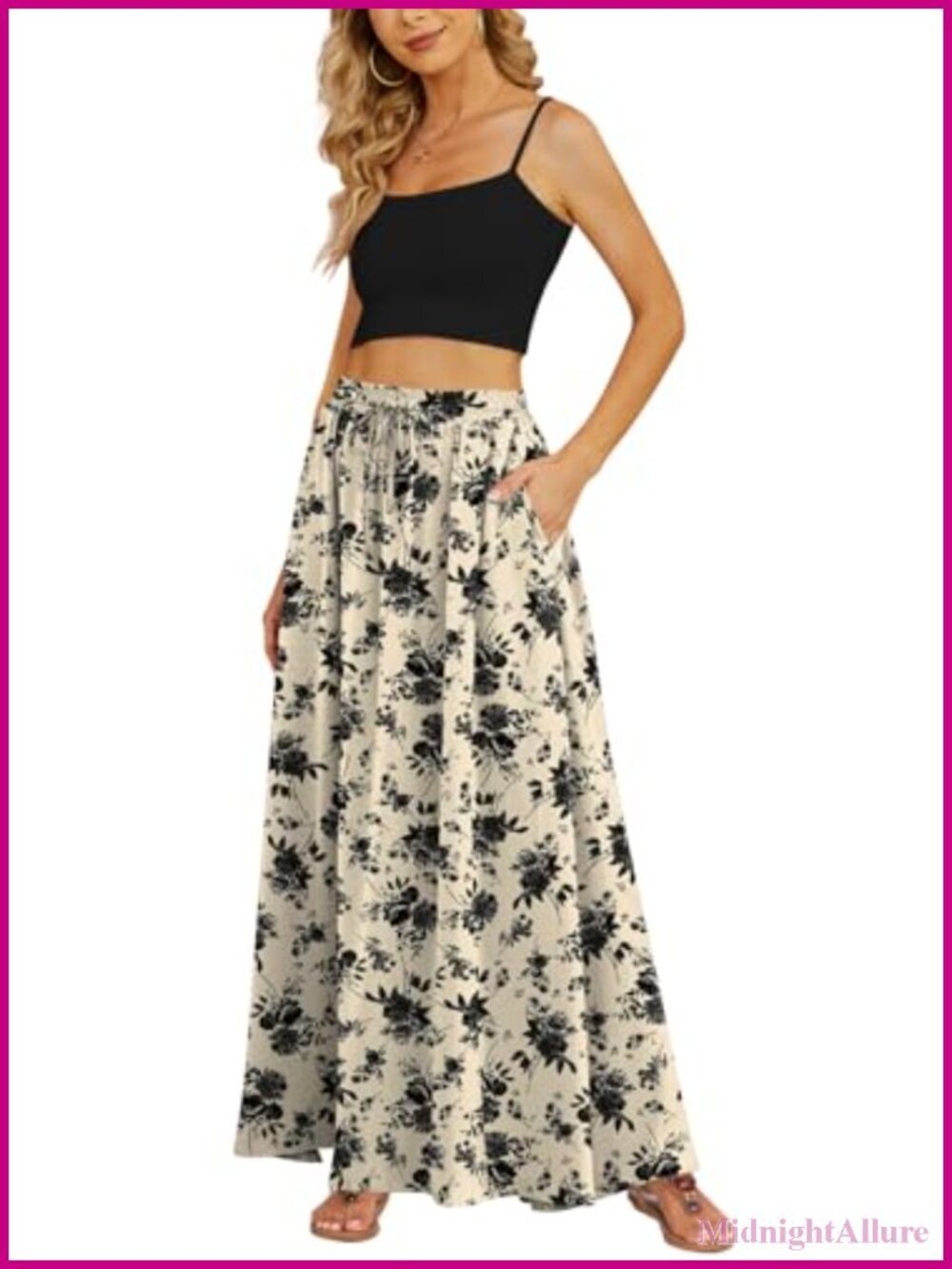 Flowy Maxi Skirt Pleated High Waisted Long Skirt with Pockets